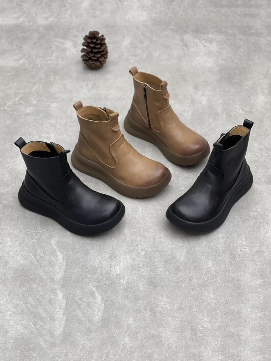 Women Autumn Pure Color Leather Zipper Platfrom Boots