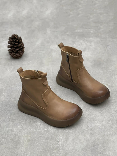 Women Autumn Pure Color Leather Zipper Platfrom Boots