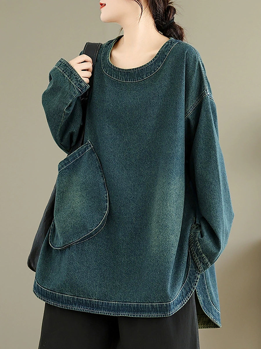 Women Vintage Autumn Pure Color O-Neck Denim Shirt