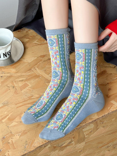 5 Pairs Women Vintage Flower Jacquad Socks