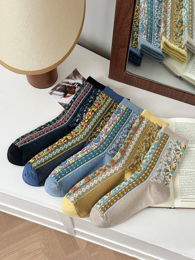 5 Pairs Women Vintage Flower Jacquad Socks