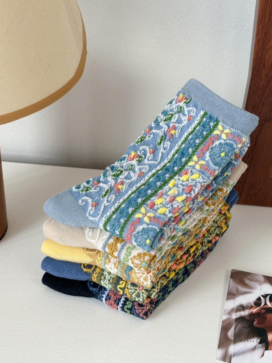 5 Pairs Women Vintage Flower Jacquad Socks