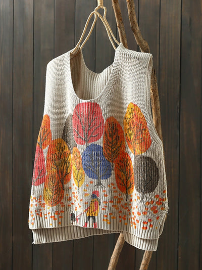 Women Autumn Artsy Tree V-Neck Knitted Vest