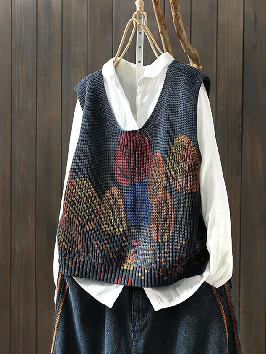Women Autumn Artsy Tree V-Neck Knitted Vest