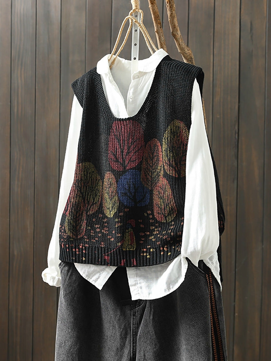 Women Autumn Artsy Tree V-Neck Knitted Vest