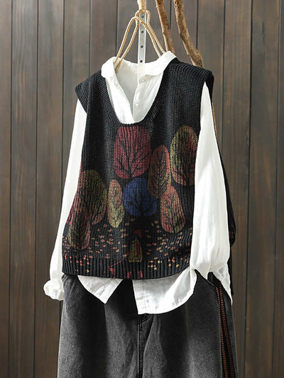 Women Autumn Artsy Tree V-Neck Knitted Vest