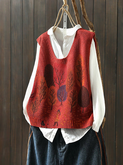 Women Autumn Artsy Tree V-Neck Knitted Vest