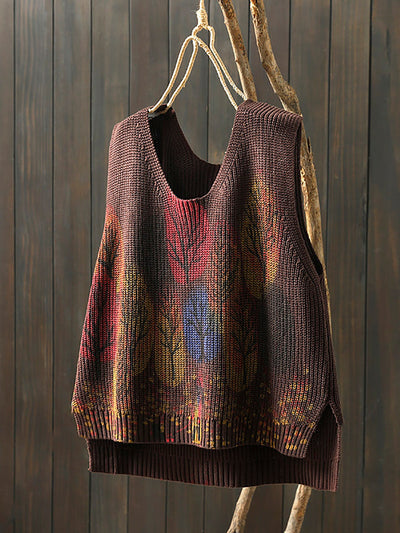 Women Autumn Artsy Tree V-Neck Knitted Vest