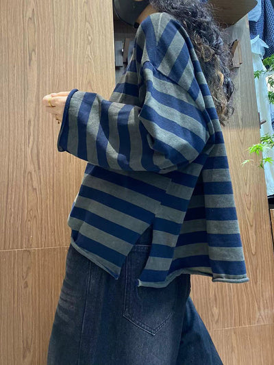 Women Autumn Casual Stripe Cotton O-Neck Shirt