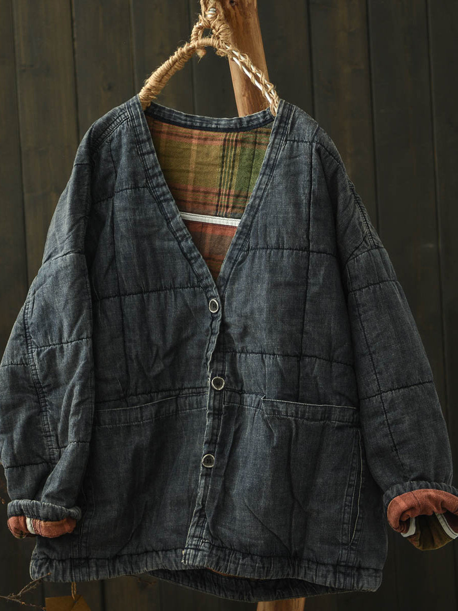 Women Autumn Pure Color Cotton V-Neck Padded Jacket