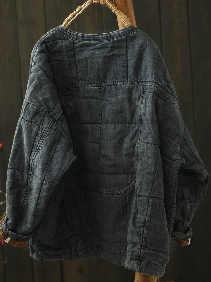 Women Autumn Pure Color Cotton V-Neck Padded Jacket