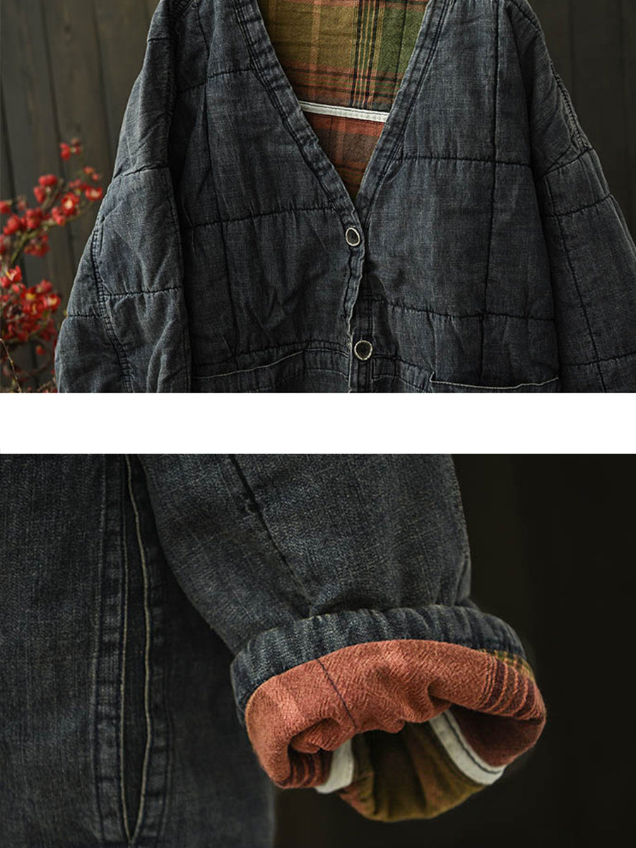 Women Autumn Pure Color Cotton V-Neck Padded Jacket