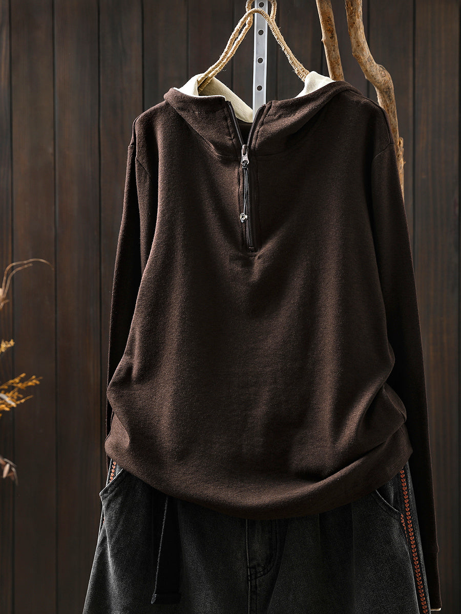 Women Autumn Casual Colorblock Hooded Cotton Blouse