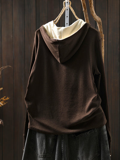 Women Autumn Casual Colorblock Hooded Cotton Blouse