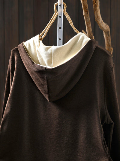 Women Autumn Casual Colorblock Hooded Cotton Blouse