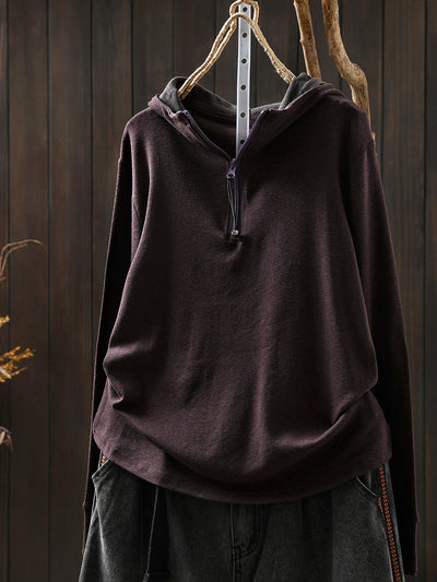 Women Autumn Casual Colorblock Hooded Cotton Blouse