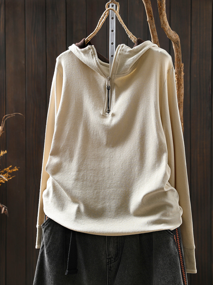 Women Autumn Casual Colorblock Hooded Cotton Blouse
