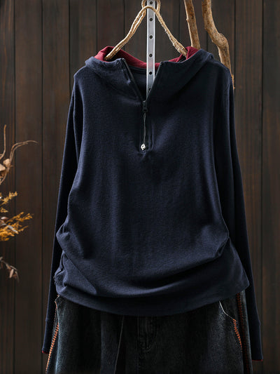 Women Autumn Casual Colorblock Hooded Cotton Blouse