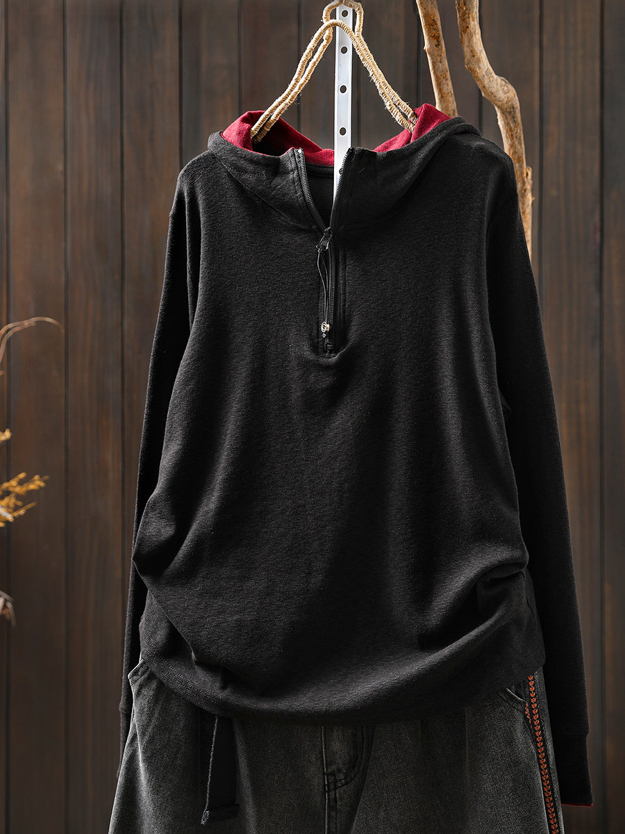Women Autumn Casual Colorblock Hooded Cotton Blouse