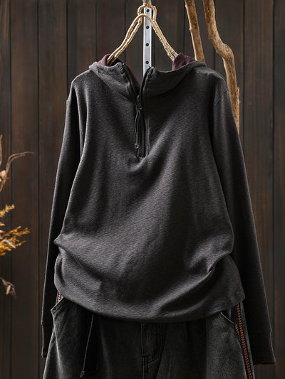 Women Autumn Casual Colorblock Hooded Cotton Blouse