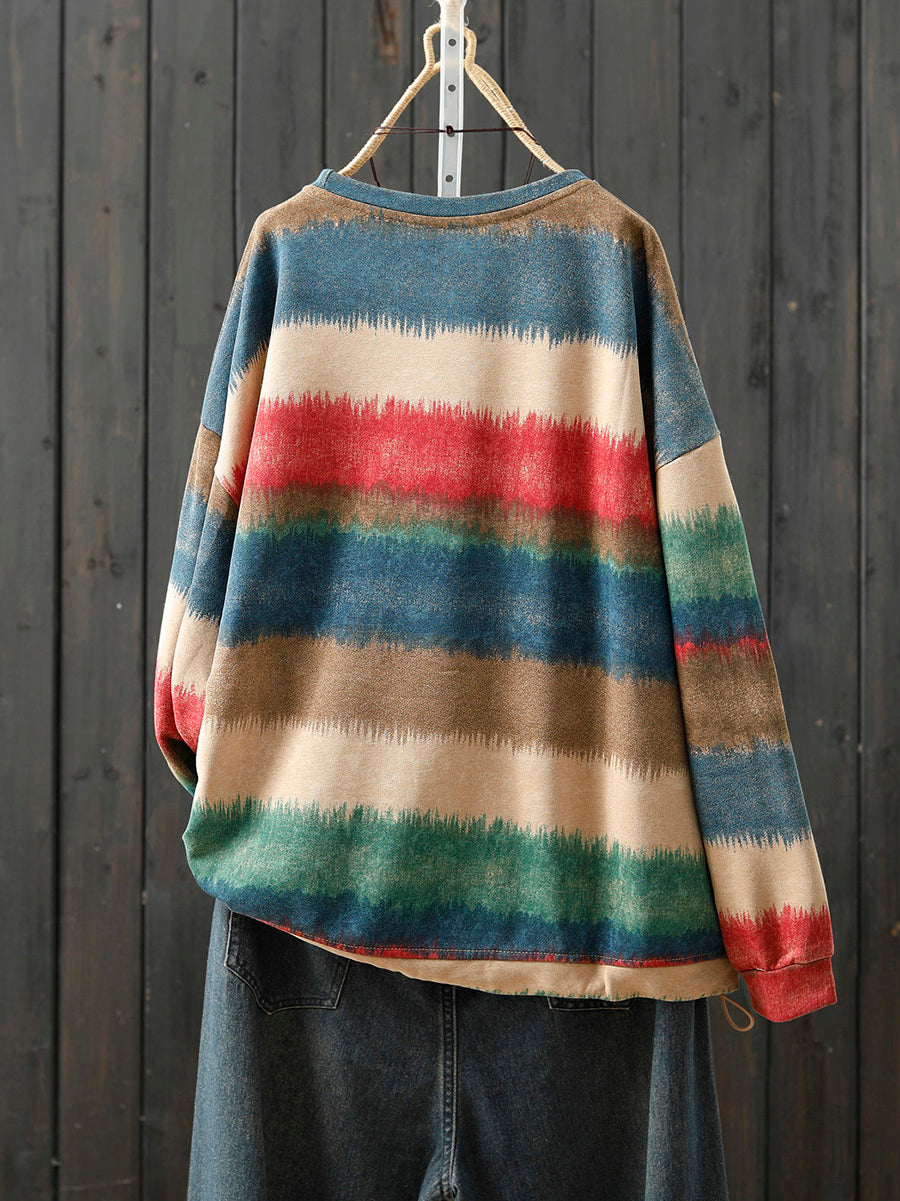Women Autumn Artsy Colorblock Stripe O-Neck Blouse