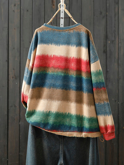 Women Autumn Artsy Colorblock Stripe O-Neck Blouse