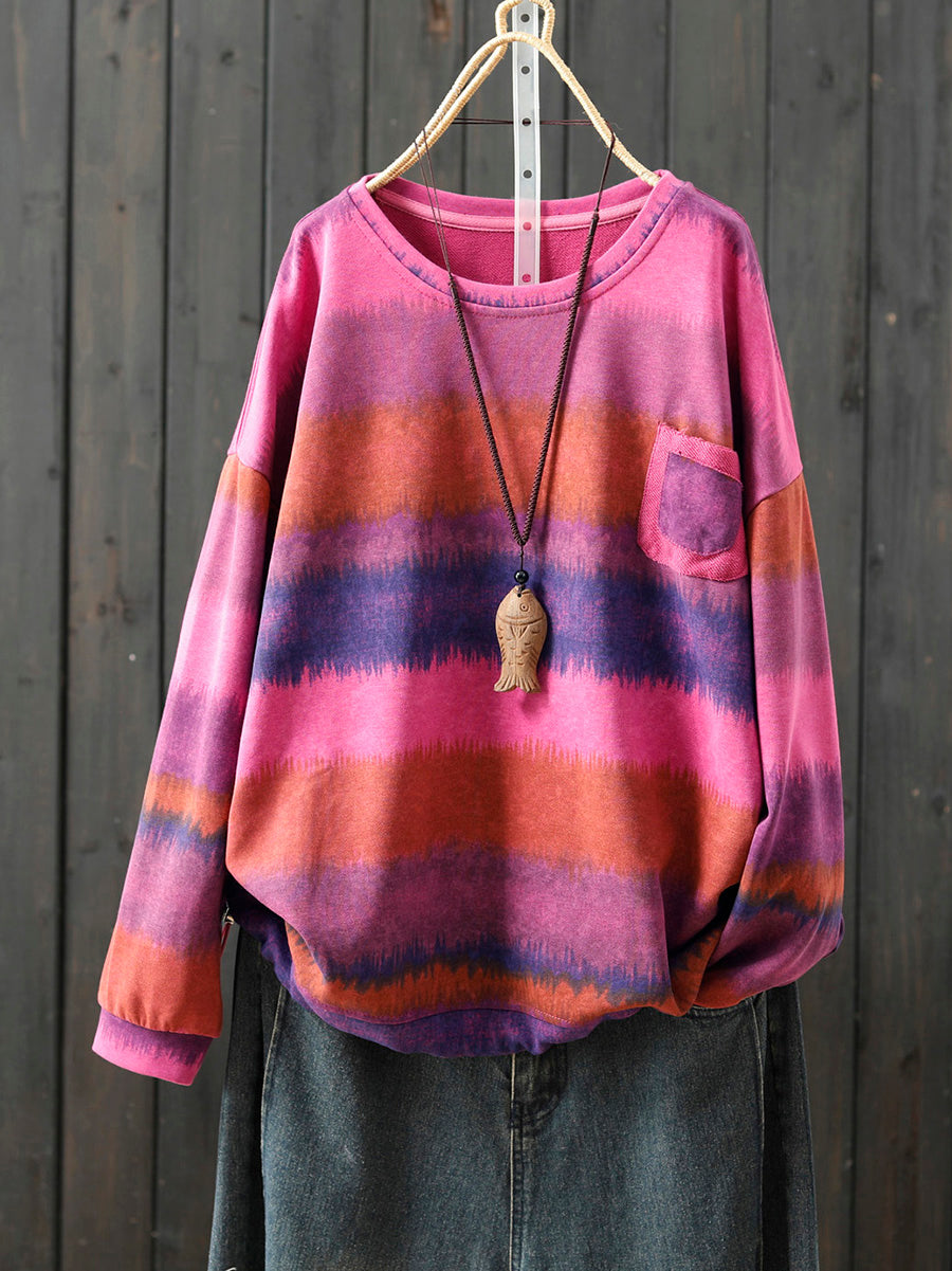 Women Autumn Artsy Colorblock Stripe O-Neck Blouse