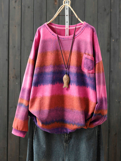 Women Autumn Artsy Colorblock Stripe O-Neck Blouse