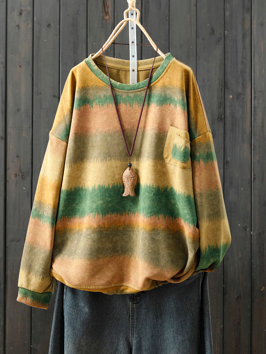 Women Autumn Artsy Colorblock Stripe O-Neck Blouse
