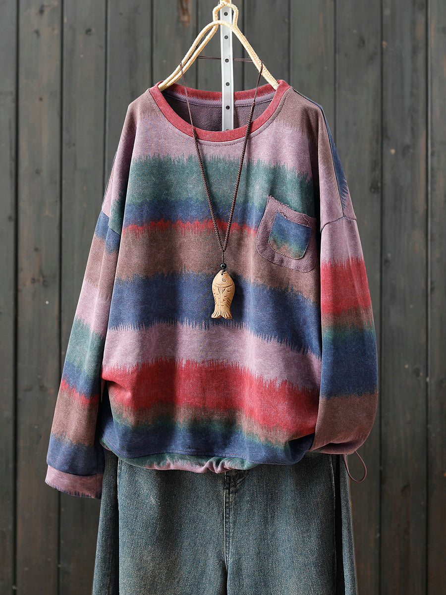 Women Autumn Artsy Colorblock Stripe O-Neck Blouse