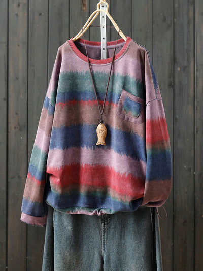 Women Autumn Artsy Colorblock Stripe O-Neck Blouse