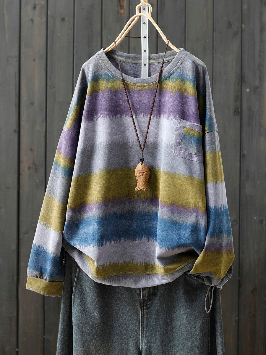 Women Autumn Artsy Colorblock Stripe O-Neck Blouse