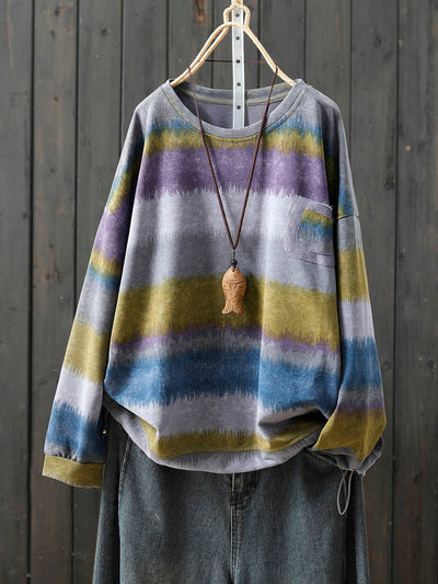 Women Autumn Artsy Colorblock Stripe O-Neck Blouse