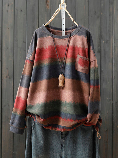 Women Autumn Artsy Colorblock Stripe O-Neck Blouse