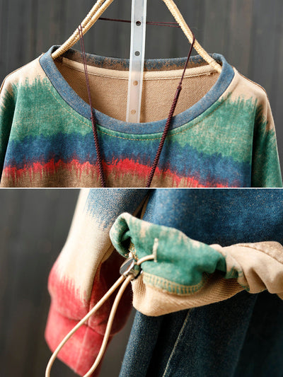 Women Autumn Artsy Colorblock Stripe O-Neck Blouse