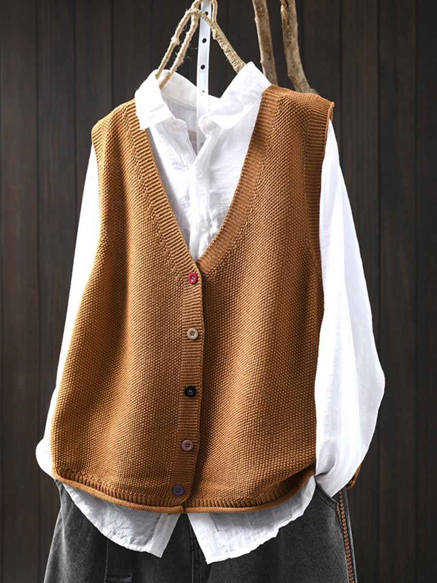 Women Autumn Artsy Pure Color V-Neck Knitted Vest