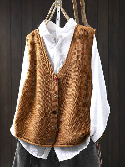 Women Autumn Artsy Pure Color V-Neck Knitted Vest