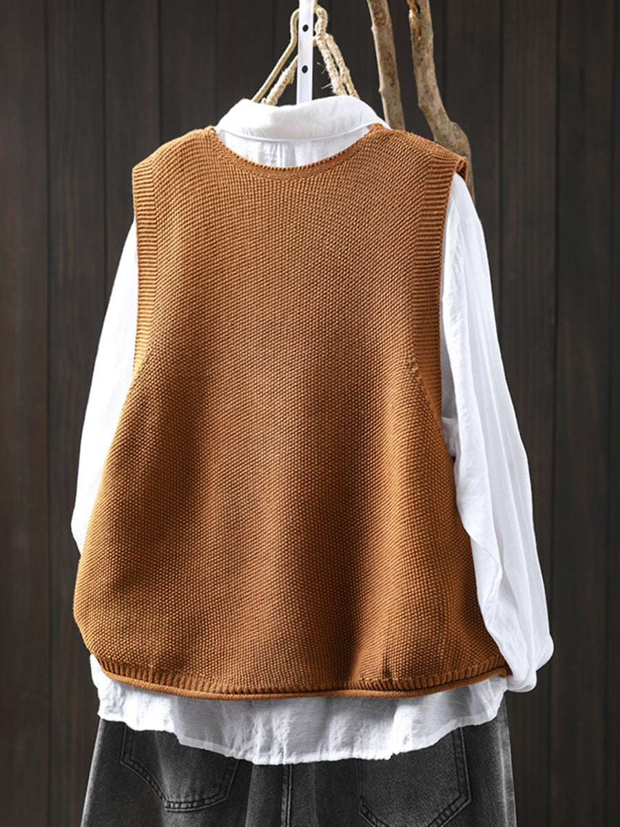 Women Autumn Artsy Pure Color V-Neck Knitted Vest