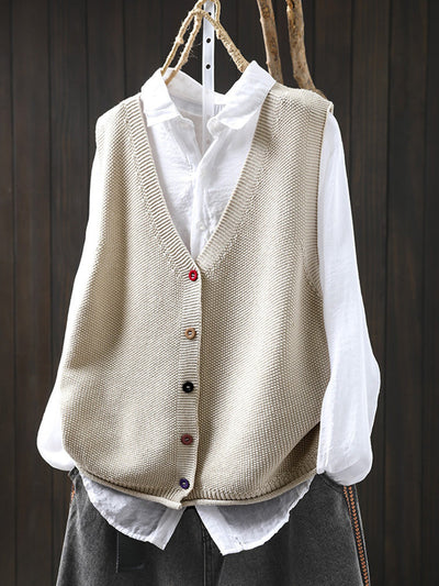 Women Autumn Artsy Pure Color V-Neck Knitted Vest