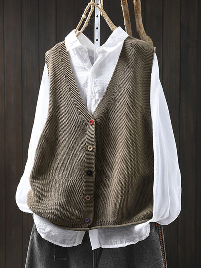 Women Autumn Artsy Pure Color V-Neck Knitted Vest