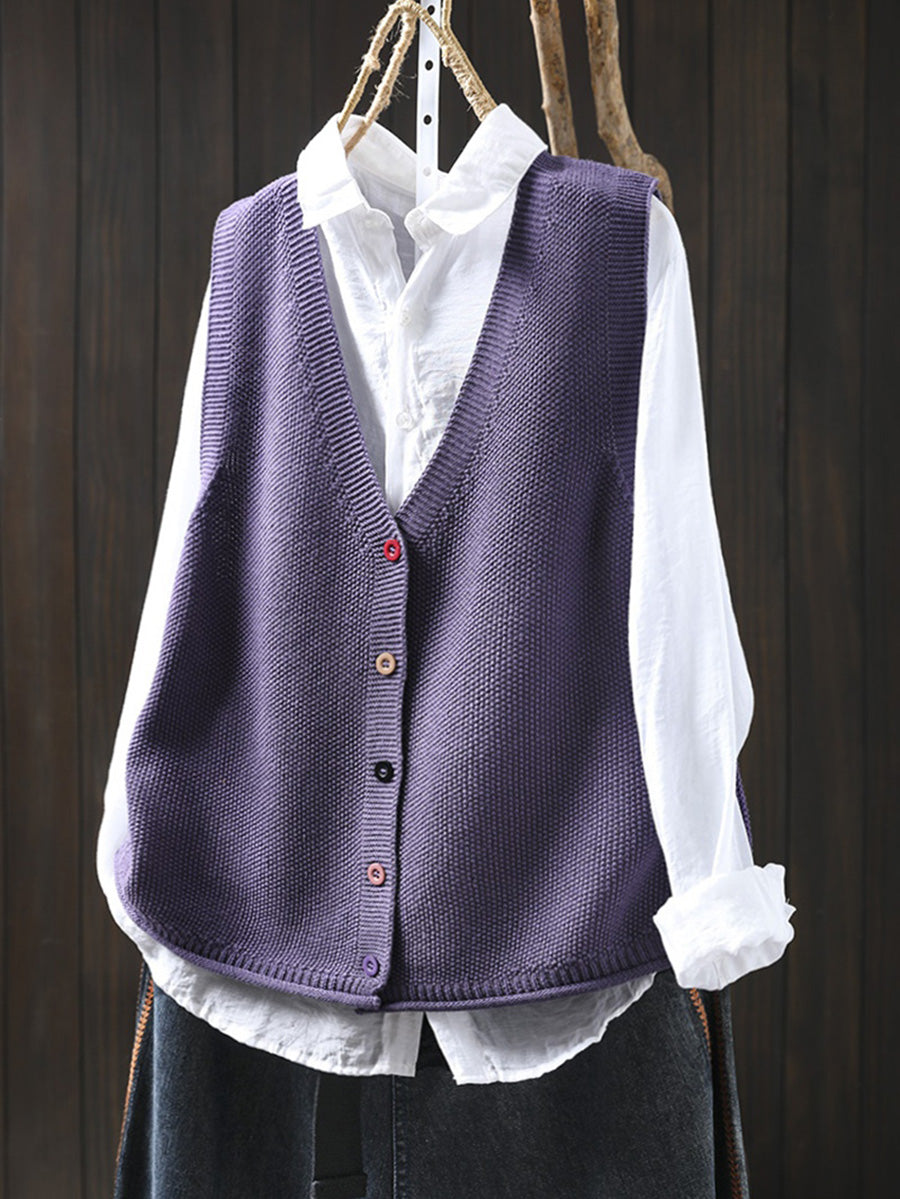 Women Autumn Artsy Pure Color V-Neck Knitted Vest