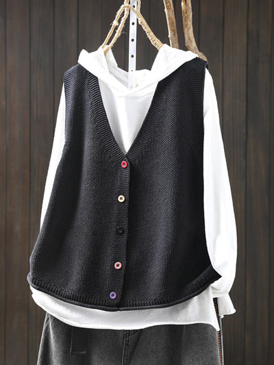 Women Autumn Artsy Pure Color V-Neck Knitted Vest