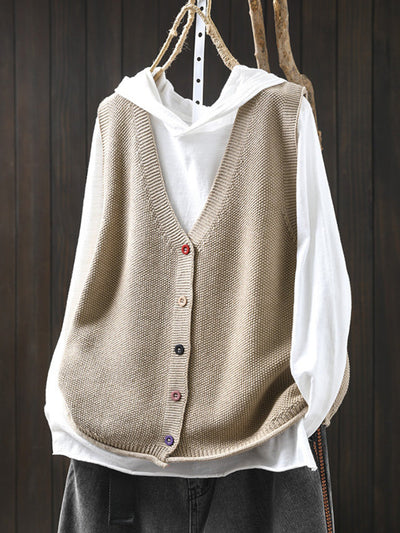 Women Autumn Artsy Pure Color V-Neck Knitted Vest