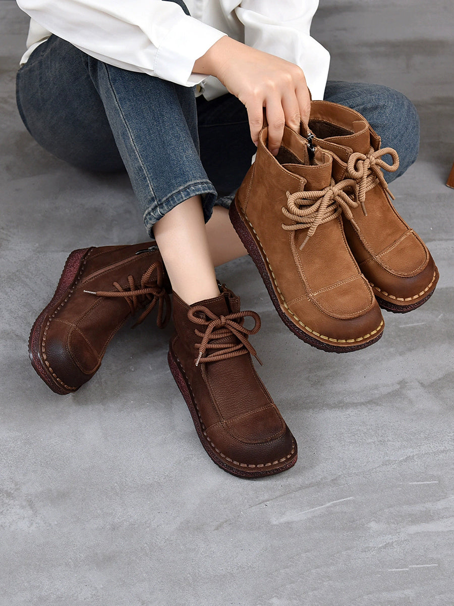 Women Winter Vintage Pure Color Leather Flat Ankle Boots