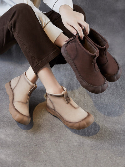 Women Winter Genuine Leather Back Zipper Flat Boots