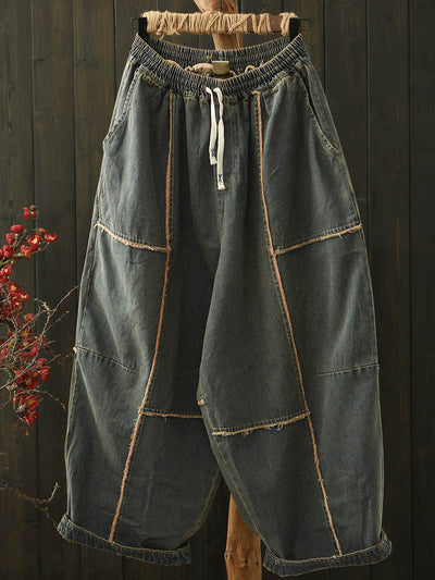 Women Autumn Retro Denim Spliced Harem Pants
