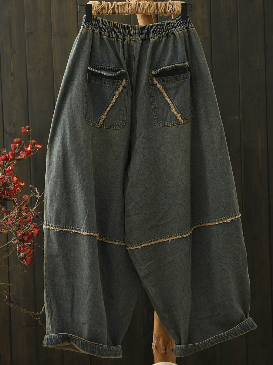 Women Autumn Retro Denim Spliced Harem Pants