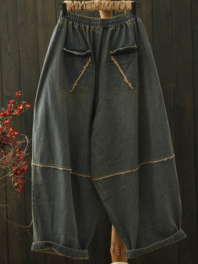 Women Autumn Retro Denim Spliced Harem Pants