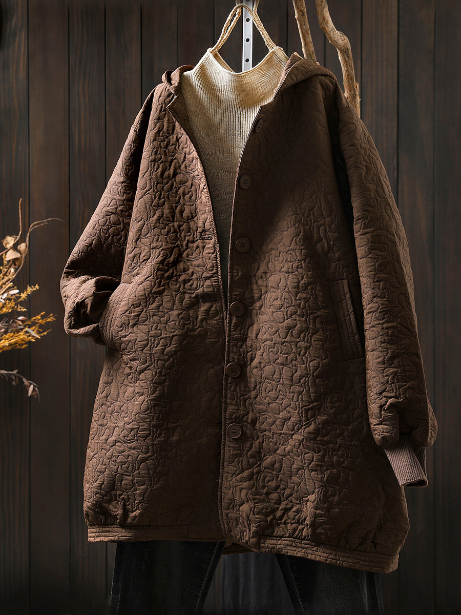 Women Autumn Vintage Pure Color Jacquard Hooded Jacket