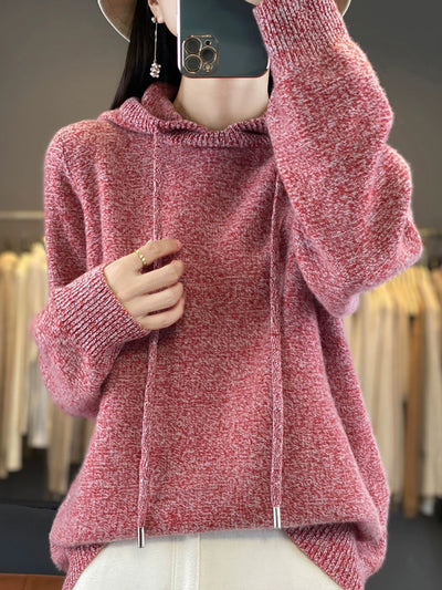 Women Autumn Pure Color 100%Wool Hooded Sweater